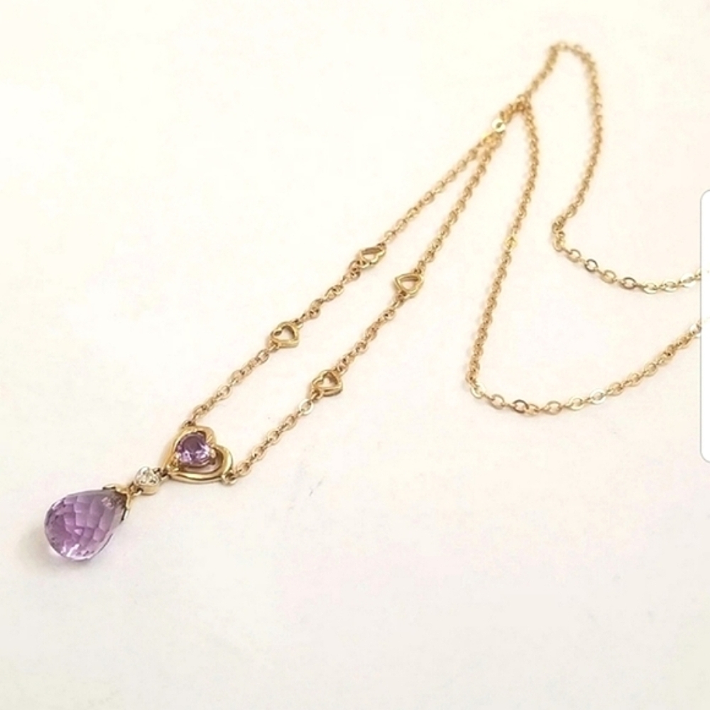 14k Yellow Gold Amethyst Diamond Necklace Teardrop Briolette